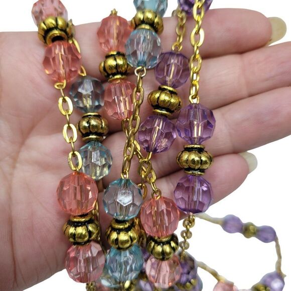 Necklace Opera 28" Gold Tone Chain Pastel Beaded Pink Blue Purple 3pc Set - Picture 6 of 13